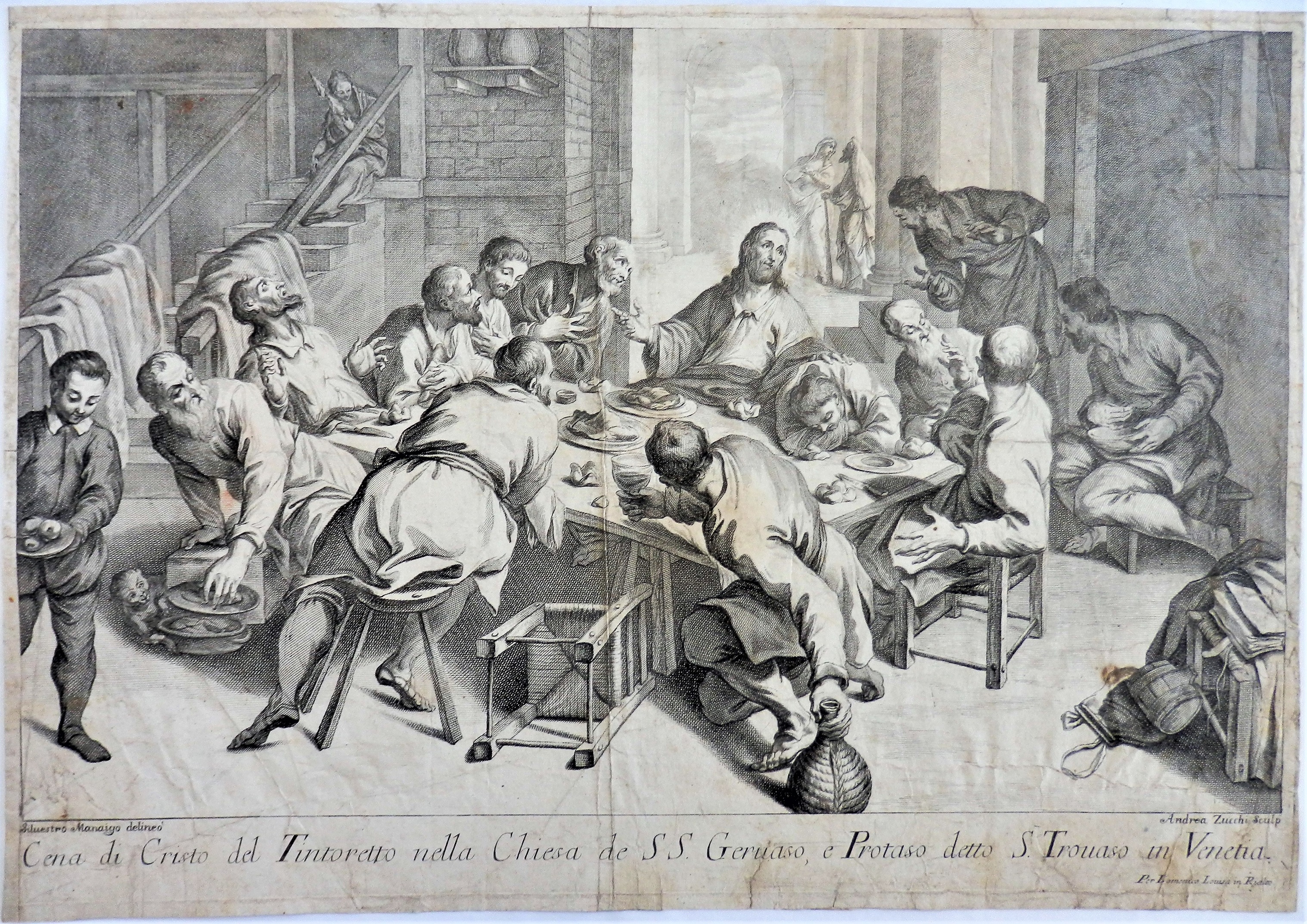 Andrea Zucchi, (Stecher) Silvestro Manaigo (Zeichner), Das letzte Abendmahl, nach einem Gemälde von Jacopo Tintoretto in SS. Gervaso e Protaso, gen. S. Trovaso in Venedig, 1720, Kupferstich, Zisterzienserabtei Stift Stams, Kunstsammlung, Grafik, Inv.-Nr. 5017. Foto: Dr. Helmuth Oehler, Innsbruck.